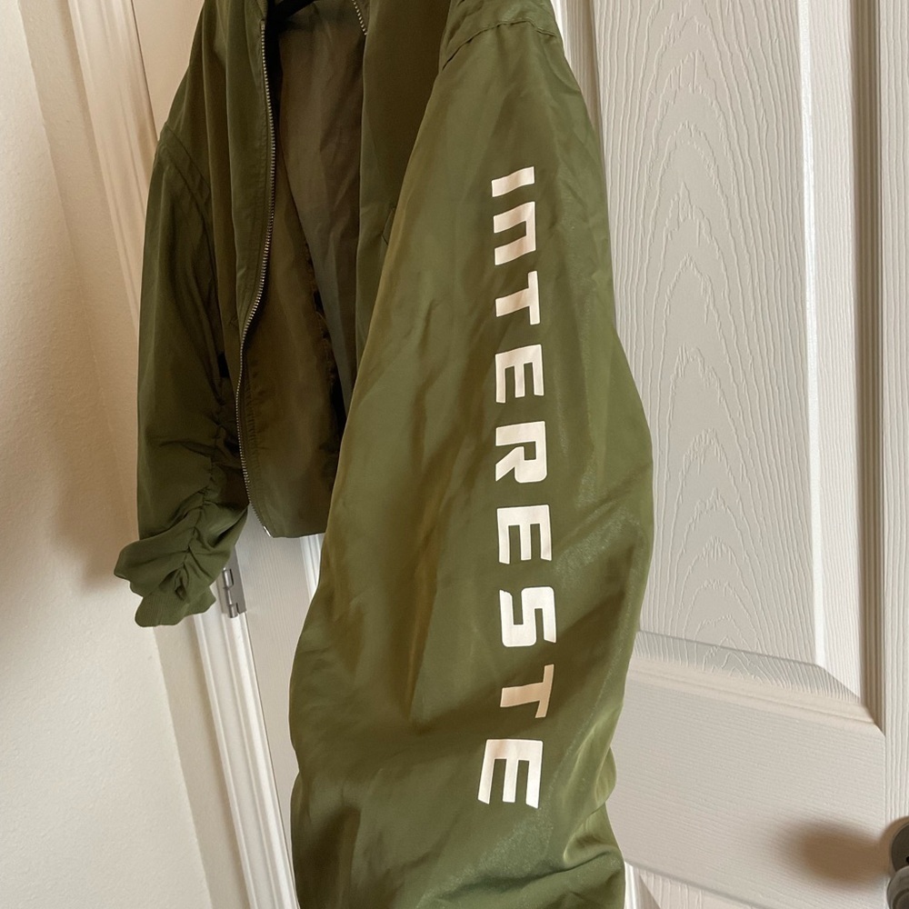 Sanfu Olive Green Cropped Bomber Jacket – Ruched Toggle Sleeves – Size S - Picture 9 of 12